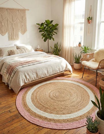 Pink White Natural Handmade Braided Jute Round Rug