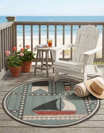 Blue Easy-Clean Coastal Indoor / Outdoor Round Rug