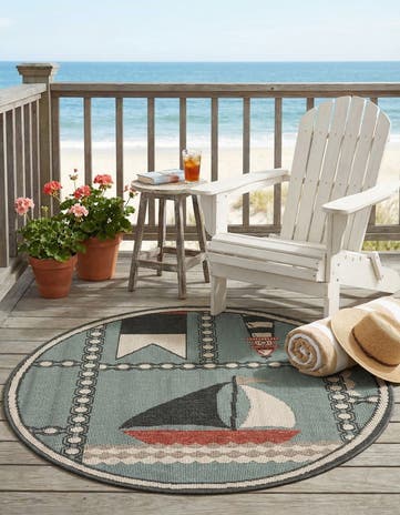 Blue Easy-Clean Coastal Indoor / Outdoor Round Rug