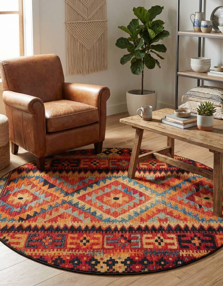 Detail image of 5' x 5' Easy-Clean Tribal Indoor / Outdoor Round Rug