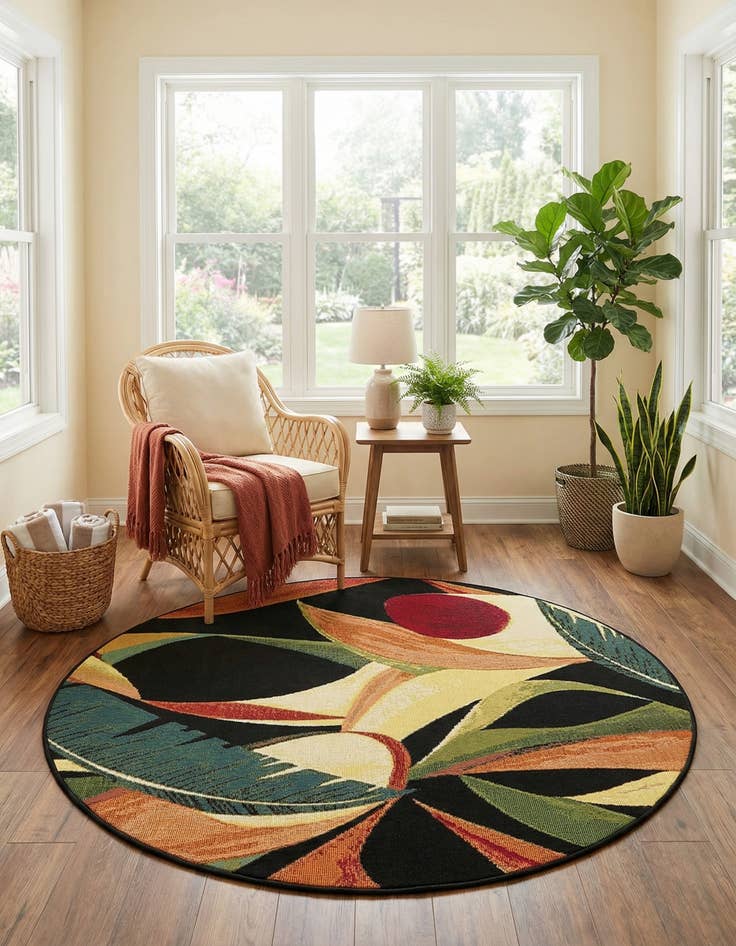 Detail image of  4' x 4'  Washable Botanical Indoor / Outdoor Round Rug