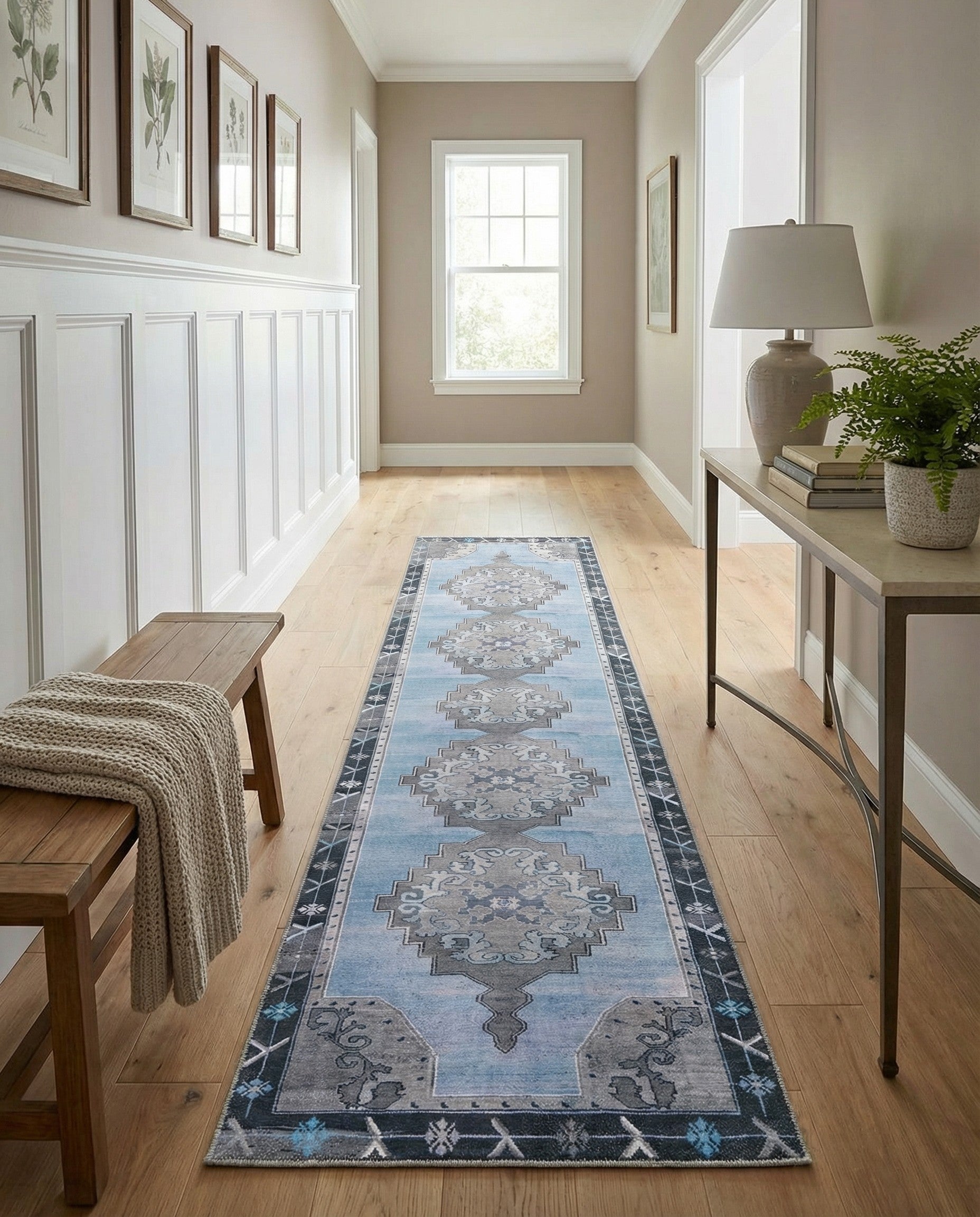 Blue Gray Washable Timeless Runner Rug