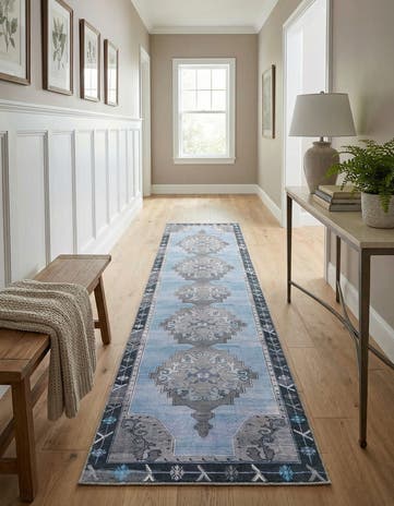 Blue Gray Washable Timeless Runner Rug
