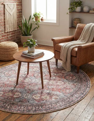 Antique Red Washable Timeless Round Rug