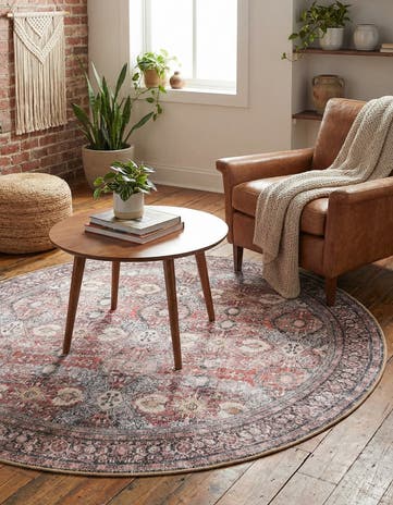 Antique Red Washable Timeless Round Rug