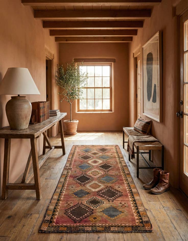 Detail image of 3' 9 x 8'  Hand Knotted Hamedan Persian Wool Runner Rug