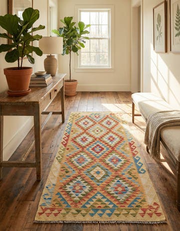 3' 4 x 6' 8 Hand Woven Kilim Maymana Wool Runner Rug