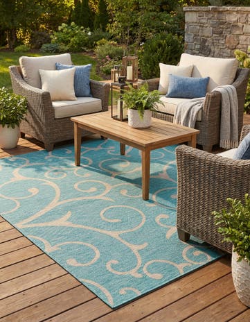 Light Aqua Easy-Clean Botanical Indoor / Outdoor Square Rug