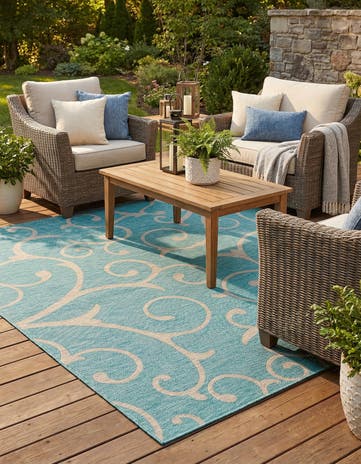 Light Aqua Easy-Clean Botanical Indoor / Outdoor Square Rug