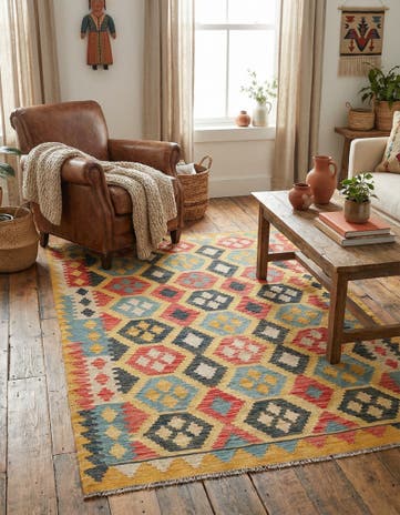 4' 2 x 5' 10 Hand Woven Kilim Maymana Wool Rug