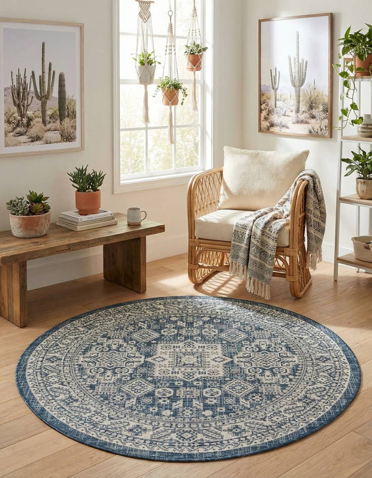 Detail image of 5' 3 x 5' 3  Washable Aztec Indoor / Outdoor Round Rug
