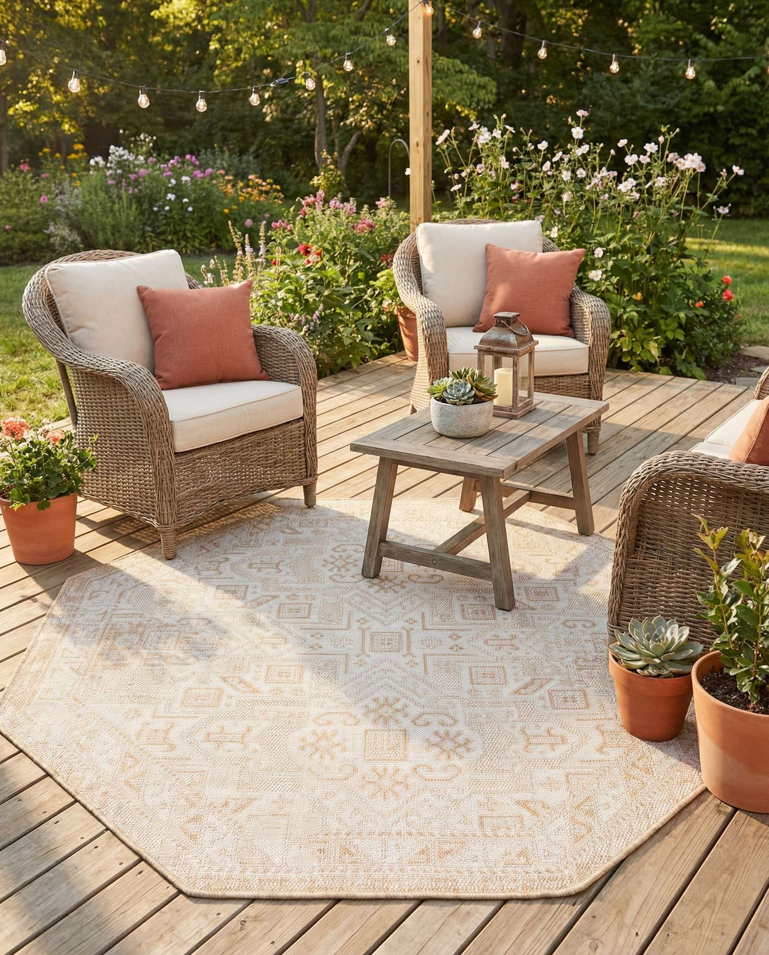 5' 3 x 5' 3 Easy-Clean Aztec Indoor / Outdoor Octagon Rug