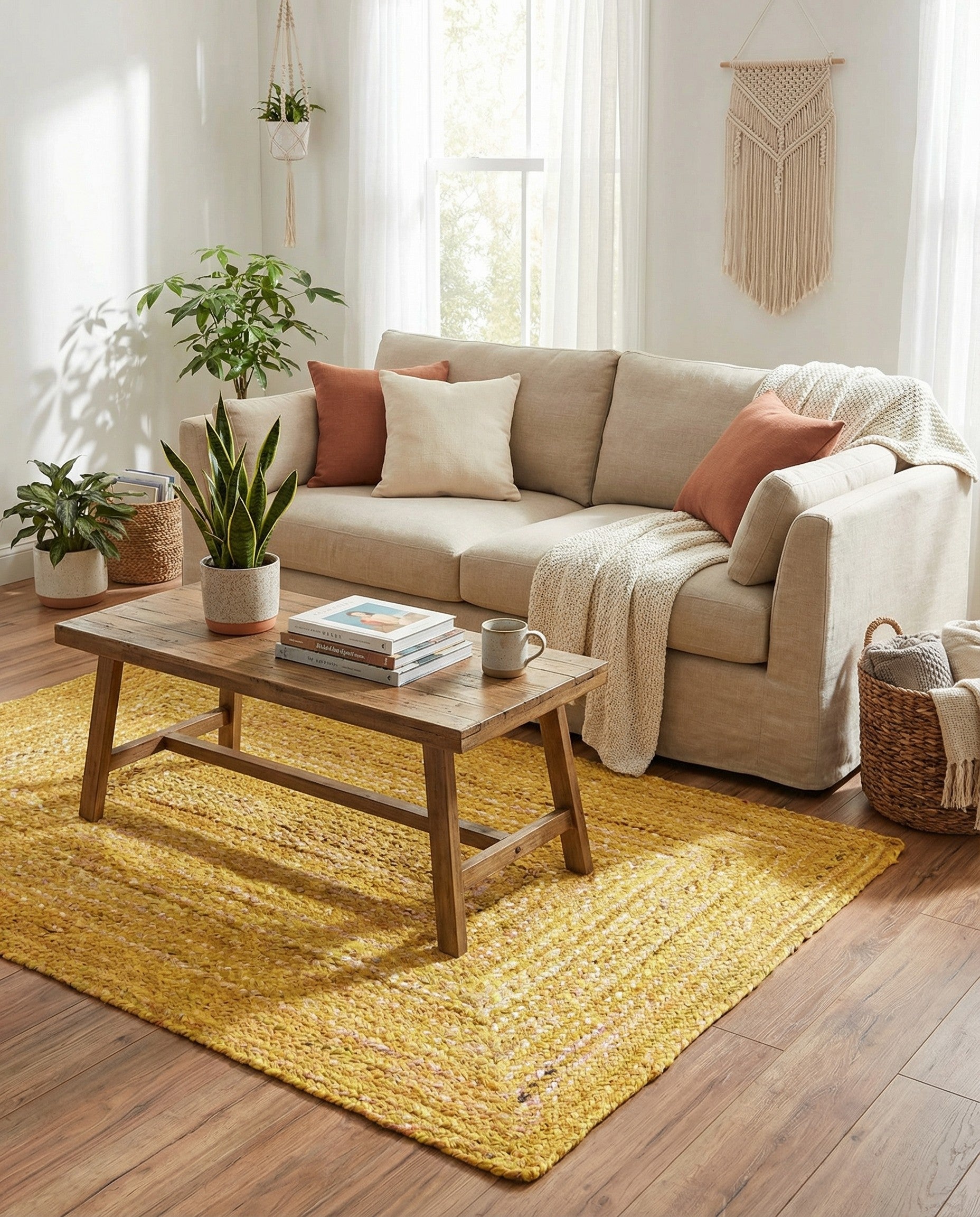 A 4x6 rectangular braided chindi rug in vibrant orange and yellow tones, featuring a textured, modern, natural style.