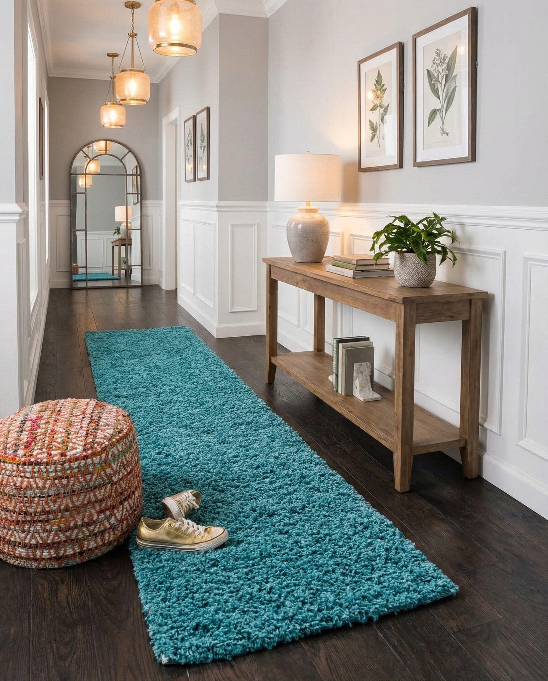 A vibrant blue 13 ft runner rug with a plush shag pile, perfect for adding color and comfort to a hallway.
