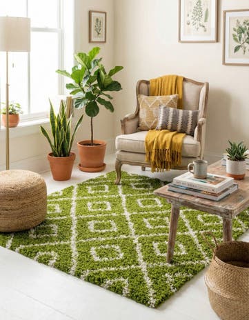 Green Lattice Shag Square Rug