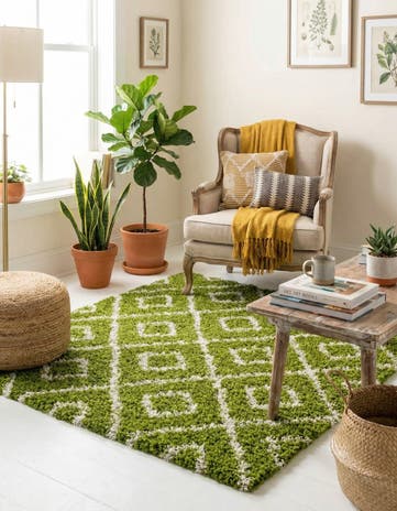 Green Lattice Shag Square Rug