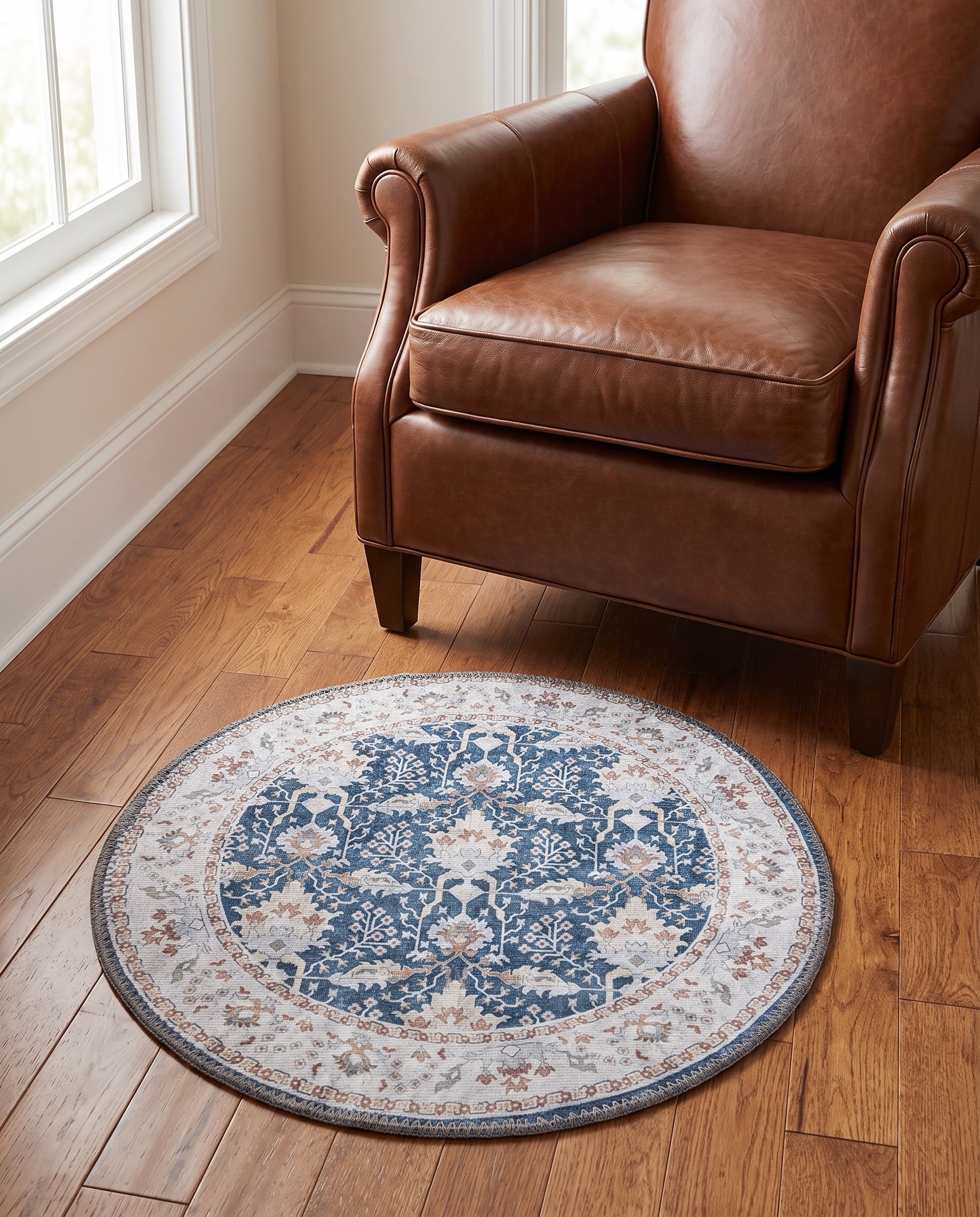 Navy Blue Washable Timeless Round Rug