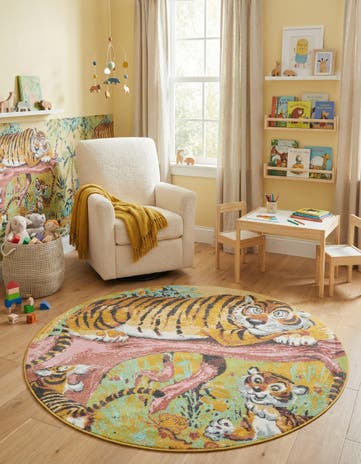 7' 10 x 7' 10 Tiger Whimsy Kids Round Rug