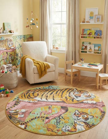 7' 10 x 7' 10 Tiger Whimsy Kids Round Rug