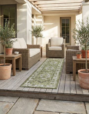 Green Easy-Clean Traditional Indoor / Outdoor Runner Rug