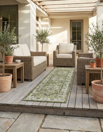Green Easy-Clean Traditional Indoor / Outdoor Runner Rug