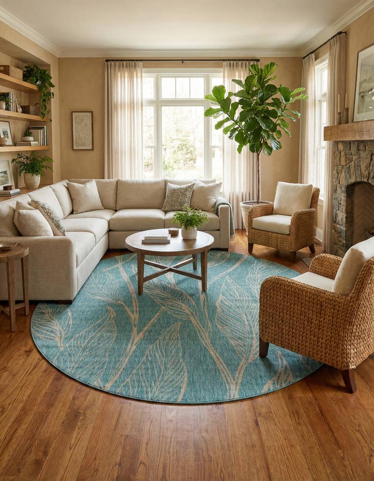 Detail image of 13' x 13'  Washable Botanical Indoor / Outdoor Round Rug