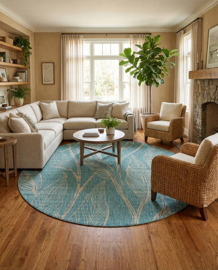 Detail image of 13' x 13' Easy-Clean Botanical Indoor / Outdoor Round Rug