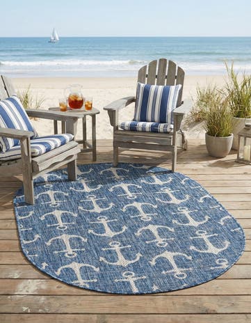 Blue Easy-Clean Coastal Indoor / Outdoor Oval Rug