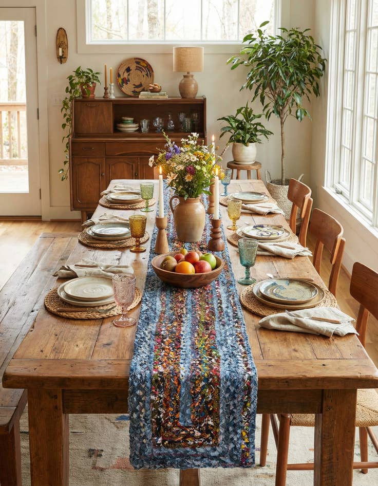 Detail image of  1' 2 x 8'  Hand Braided Chindi Table Runner Rug