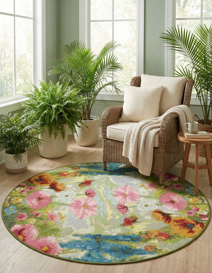 Detail image of  4' x 4'  Washable Botanical Indoor / Outdoor Round Rug
