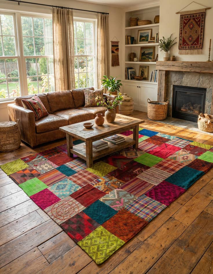 Detail image of  6' 6 x 9' 10  Hand Woven Kilim Patchwork Wool Rug