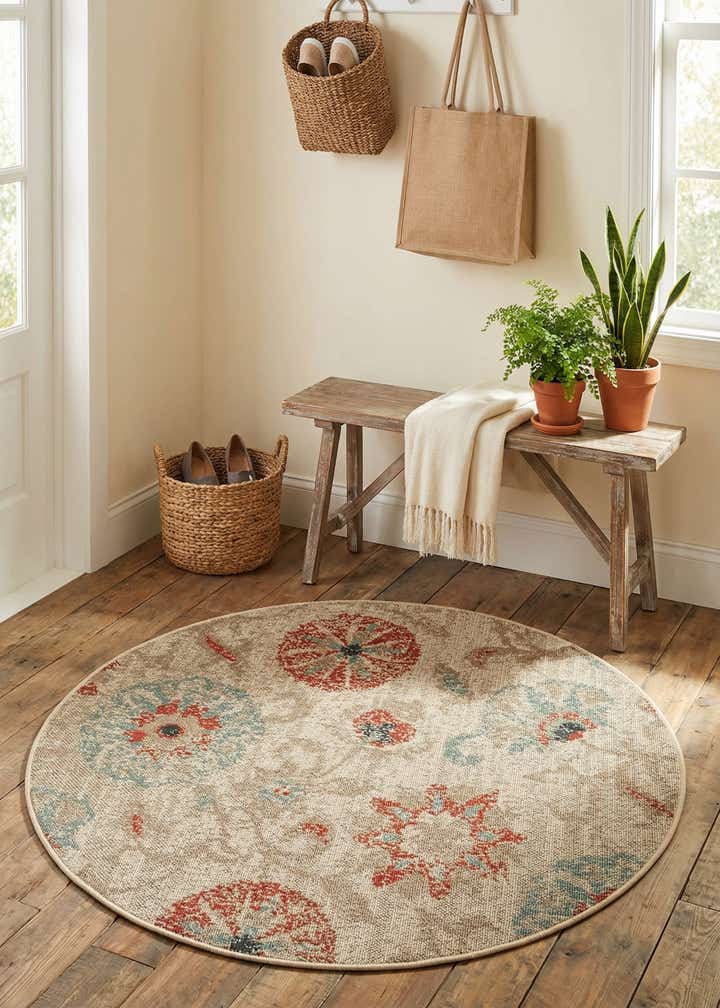 4' x 4' Easy-Clean Botanical Indoor / Outdoor Round Rug
