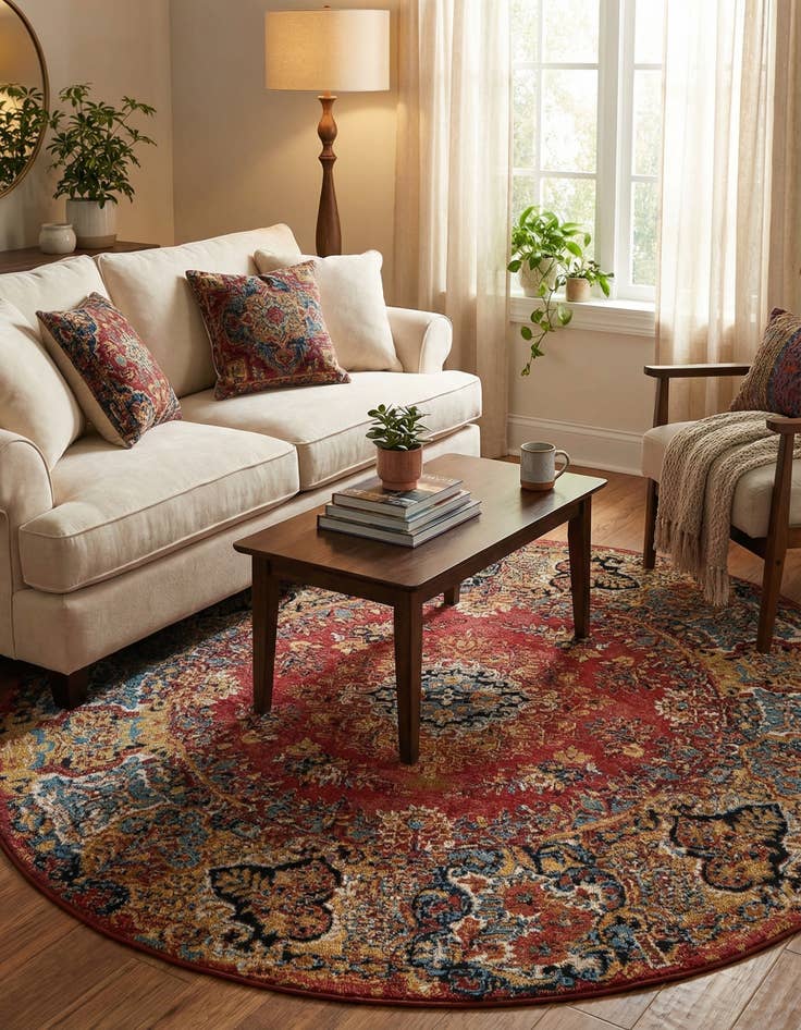 Detail image of 6' x 6' Easy-Clean Traditional Indoor / Outdoor Round Rug