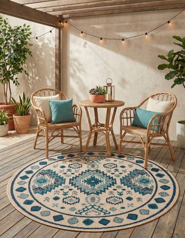 Beige and Blue Easy-Clean Baja Indoor / Outdoor Round Rug