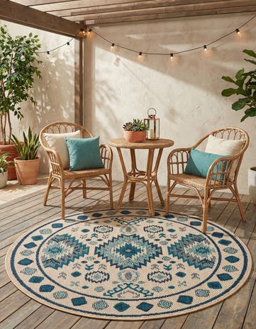 Beige and Blue Easy-Clean Baja Indoor / Outdoor Round Rug