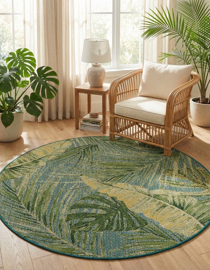 Detail image of 5' x 5'  Washable Botanical Indoor / Outdoor Round Rug