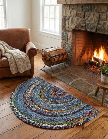 Blue and Multi Handmade Braided Chindi Hearth Rug
