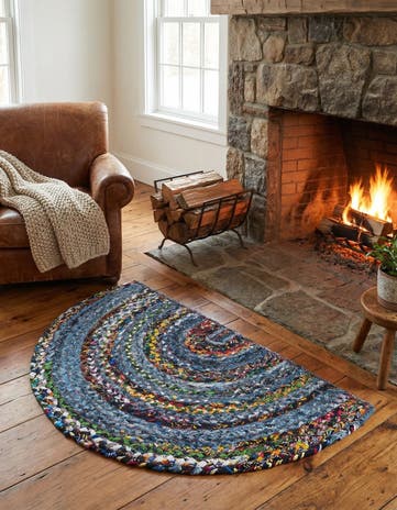 Blue and Multi Handmade Braided Chindi Hearth Rug