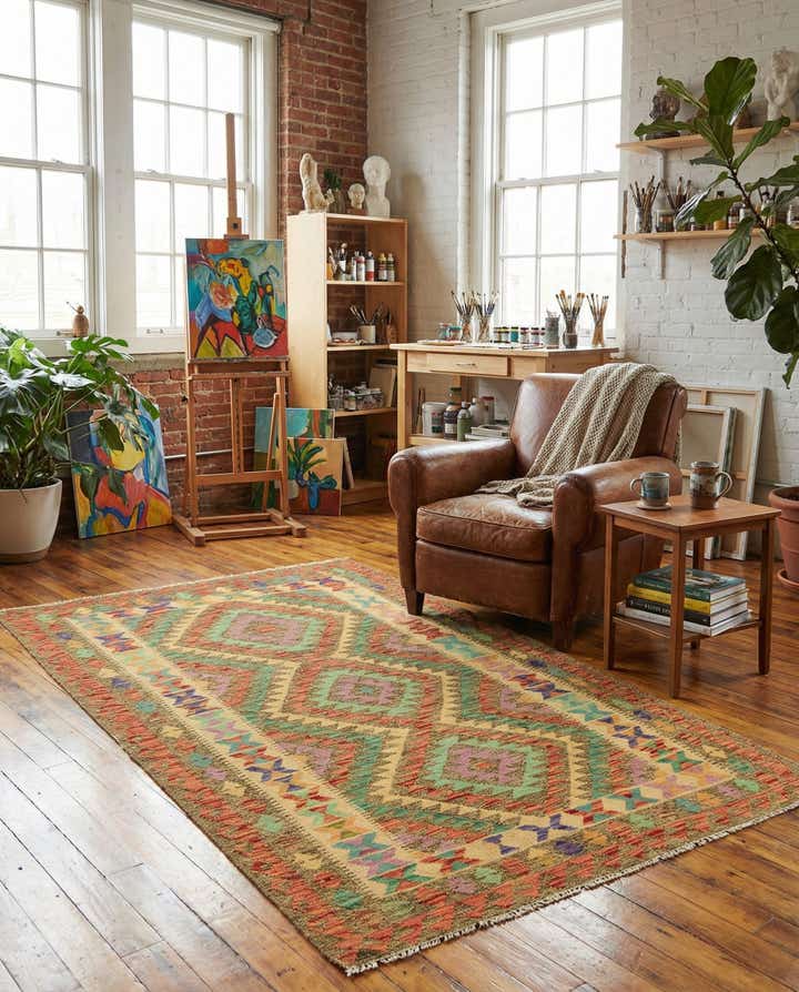 4' x 6' 4 Hand Woven Kilim Maymana Wool Rug