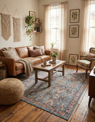 Blue Washable Nostalgia Square Rug