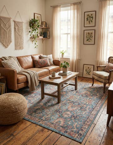 Blue Washable Nostalgia Square Rug