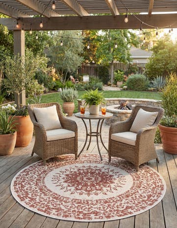 Rust Red Easy-Clean Traditional Indoor / Outdoor Round Rug