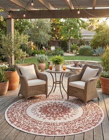 Rust Red Easy-Clean Traditional Indoor / Outdoor Round Rug