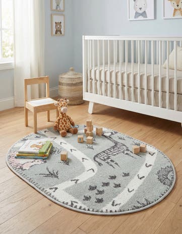 Gray Animals Whimsy Kids Oval Rug