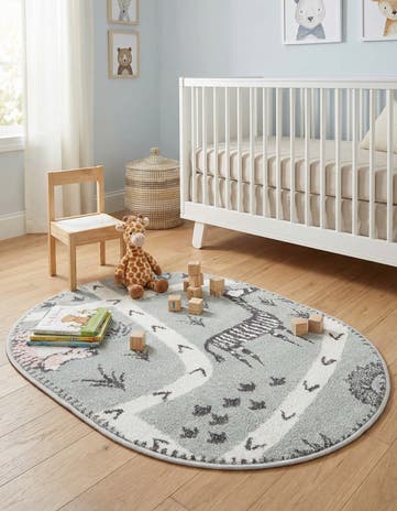 Gray Animals Whimsy Kids Oval Rug