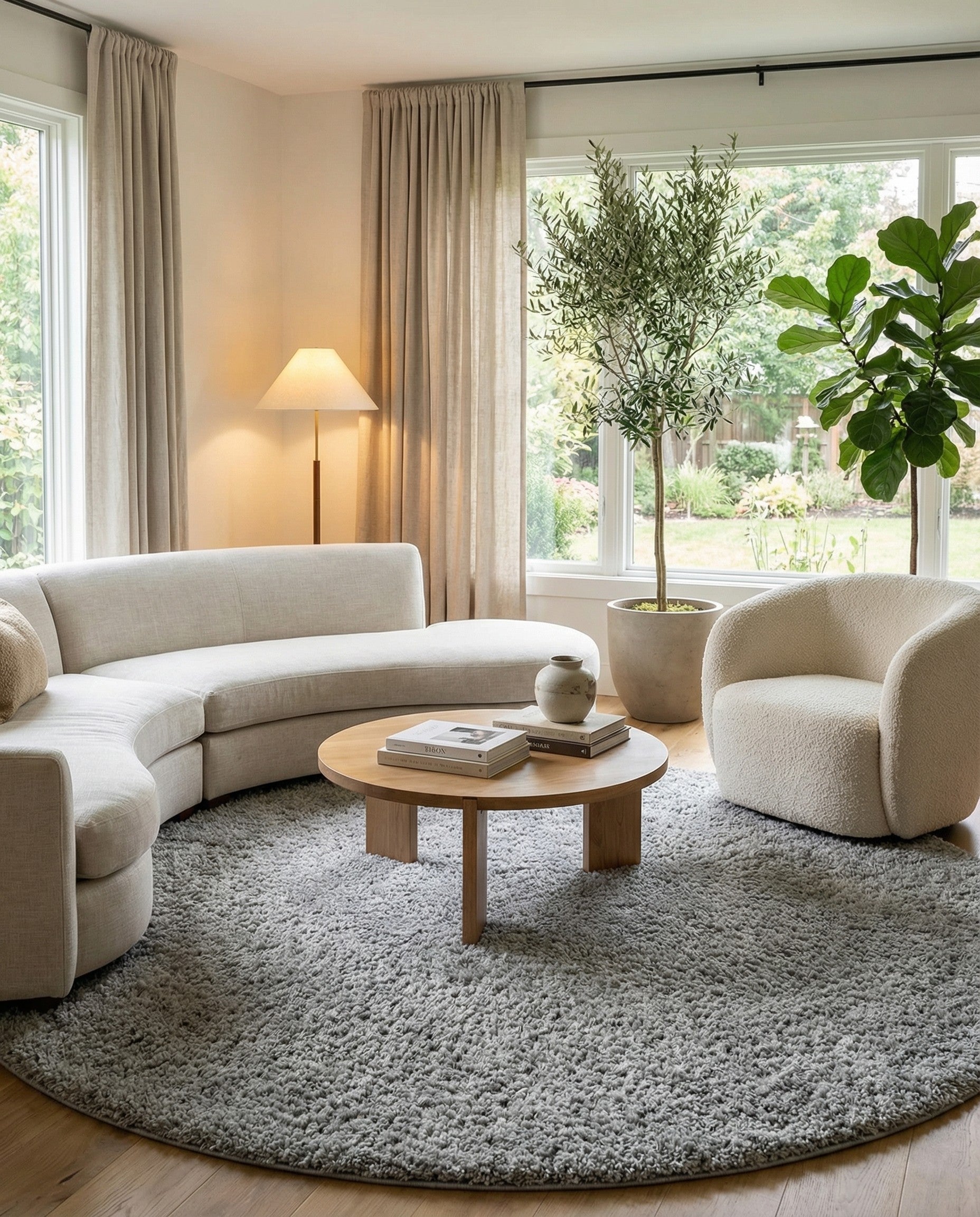 A large 12' 4 round gray shag rug with a textured, plush pile, ideal for a modern living room or bedroom.