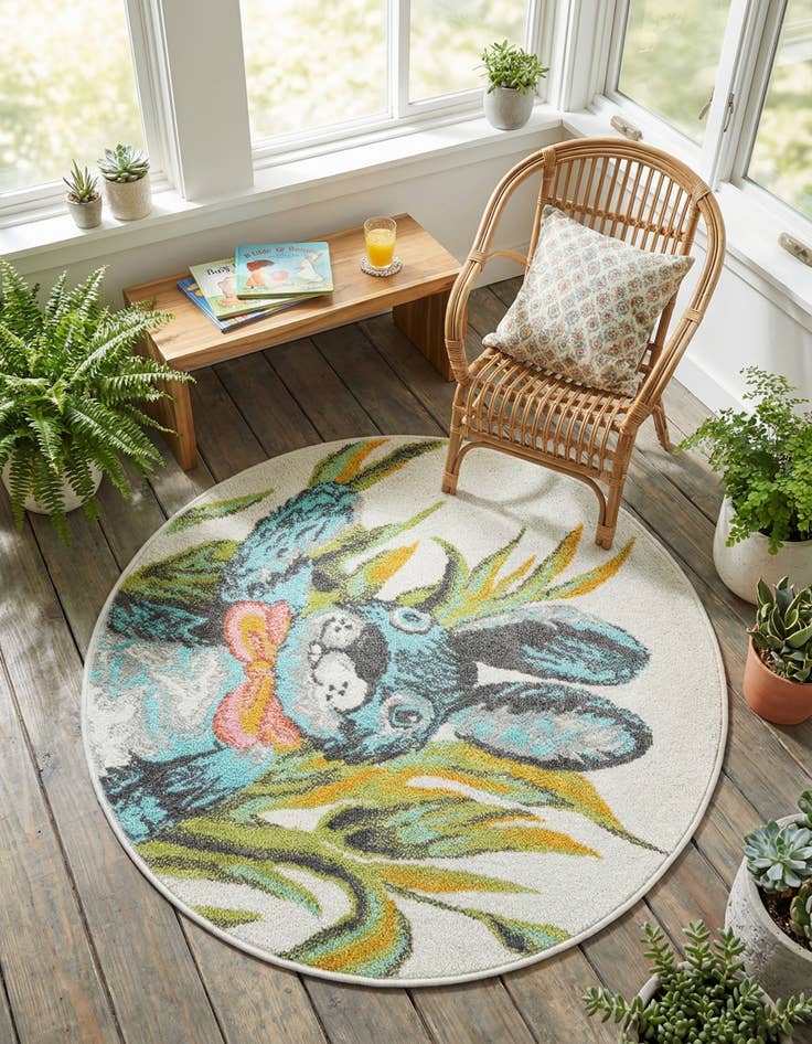 Detail image of 3' 3 x 3' 3 Rabbit Whimsy Kids Round Rug