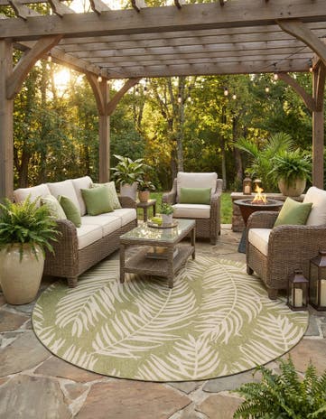 Green Easy-Clean Botanical Indoor / Outdoor Round Rug