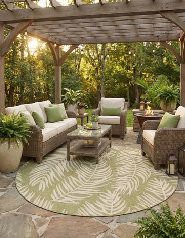 Green Easy-Clean Botanical Indoor / Outdoor Round Rug