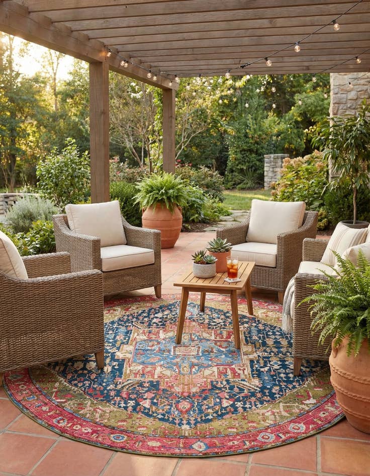 Detail image of 10' x 10'  Washable Traditional Indoor / Outdoor Round Rug
